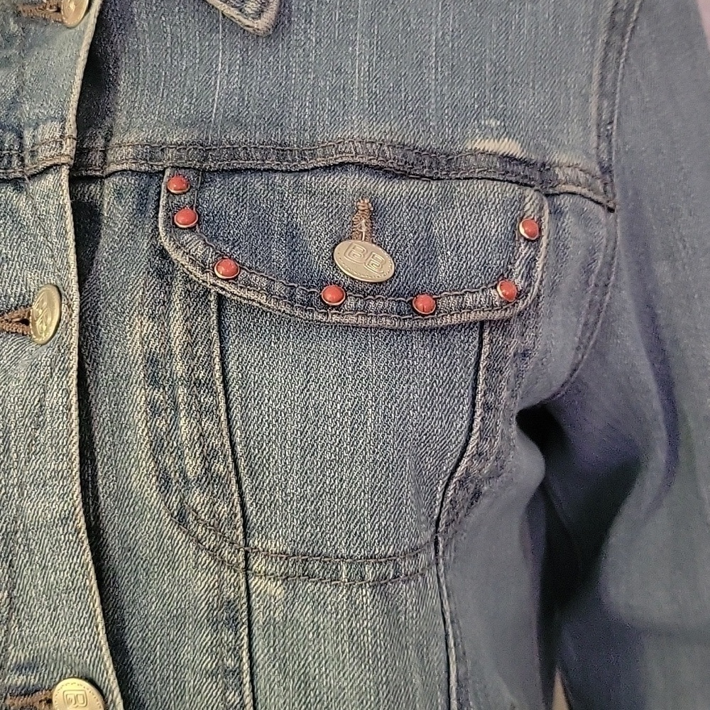 Vtg BIT & BRIDLE Cowboy Core Western Denim Bedazzled Cross Jean Jacket - Picture 7 of 9